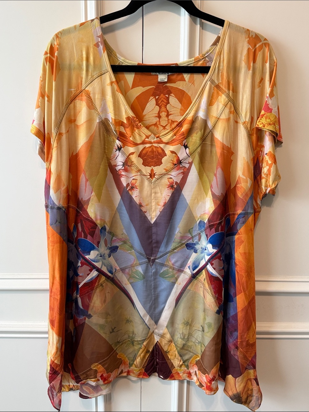 ONE WORLD Orange Multicolor V-Neck Printed Tunic